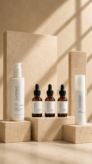 Curated By Skin Devotee product set featuring Hero Hydrator moisturizer, Vita Glow serum, Hydra Cure serum, youth Elixir serum and The Daily Melt creamy cleanser.