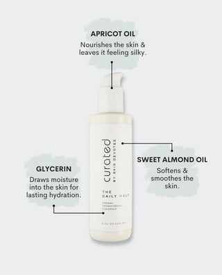 Curated by Skin Devotee The Daily Melt Creamy Cleanser with Sweet Almond Oil, Glycerin and Apricot Kernel Oil highlighted for gentle cleansing, hydration and skin nourishment.